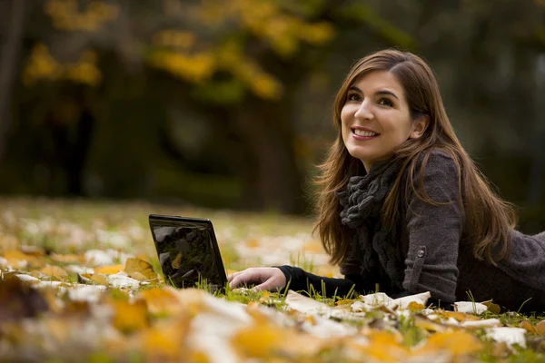 A laptop dolgozó nő — Stock Fotó