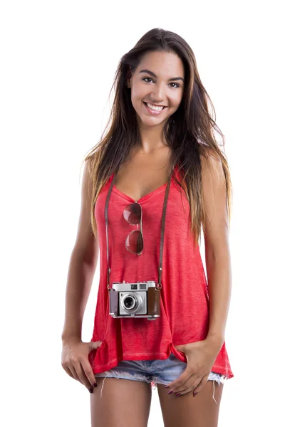Happy tourist with a old vintage camera — Stock Photo, Image