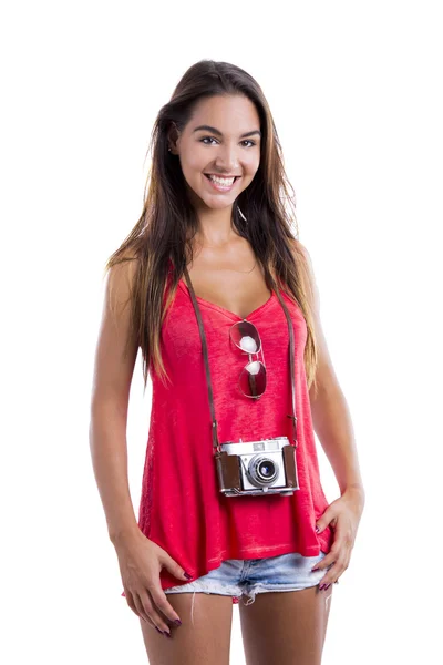 Happy tourist with a old vintage camera — Stock Photo, Image