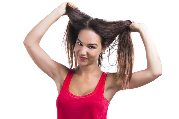 Žena chytil její vlasy — Stock fotografie