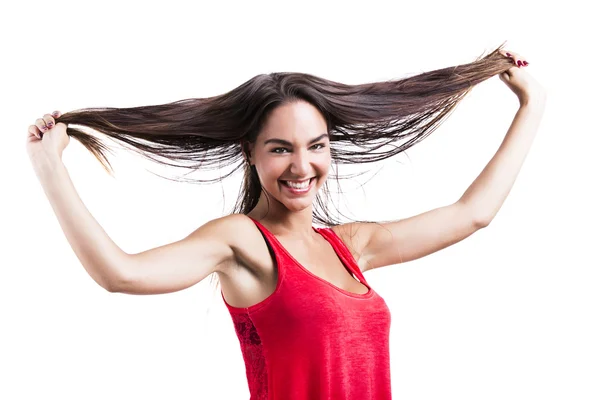 Mulher agarrando seu cabelo — Fotografia de Stock