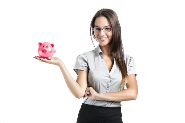 Vrouw met een spaarvarken bank — Stockfoto