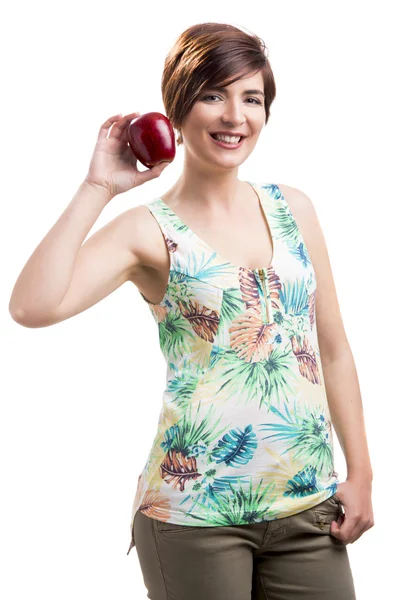 Beautiful woman holding a red apple — Stock Photo, Image