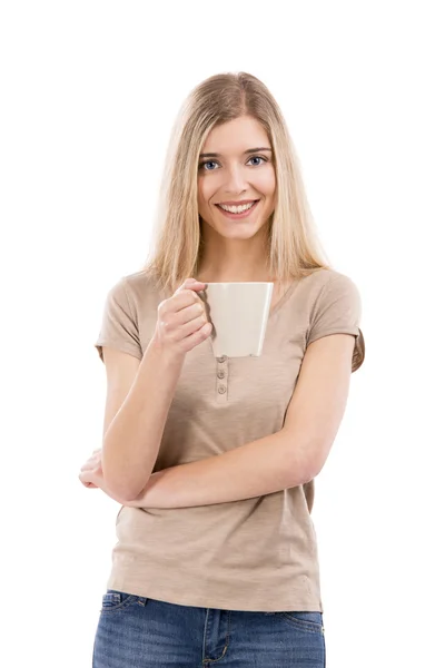 Bir fincan kahveyle güzel bir kadın — Stok fotoğraf