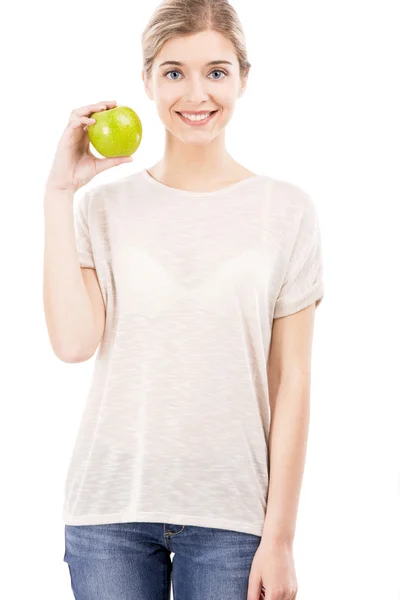 Hermosa mujer con una manzana verde — Foto de Stock