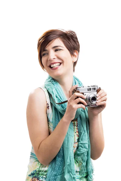 Donna con una fotocamera vintage — Foto Stock