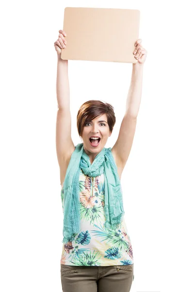 Mujer feliz con un cartón —  Fotos de Stock