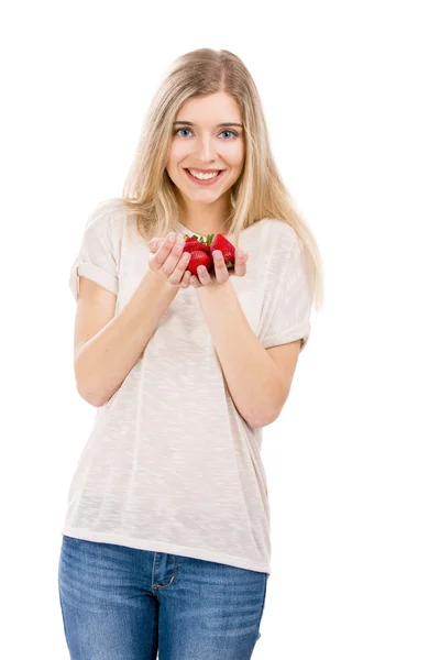 Beautiful woman with strawberries — Stock Photo, Image