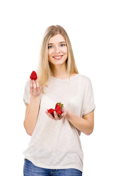Beautiful woman with strawberries — Stock Photo, Image