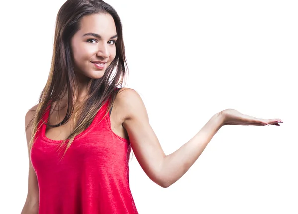 Vrouw iets waarop met haar hand — Stockfoto