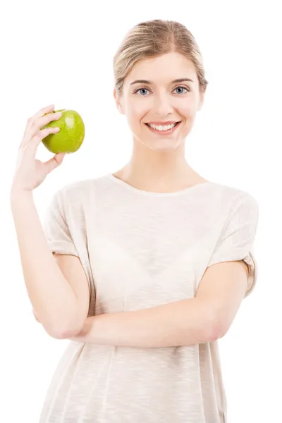 Hermosa mujer con una manzana verde — Foto de Stock