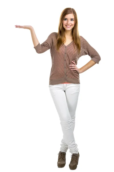 Woman showing something — Stock Photo, Image