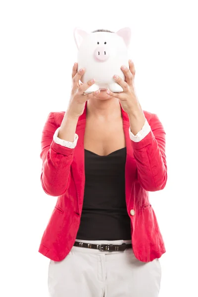 Zakenvrouw met een piggy bank — Stockfoto