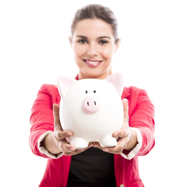 Zakenvrouw met een piggy bank — Stockfoto