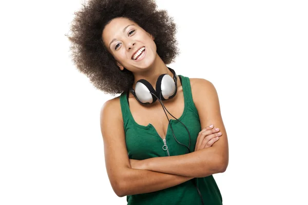 Mulher feliz com fones de ouvido — Fotografia de Stock