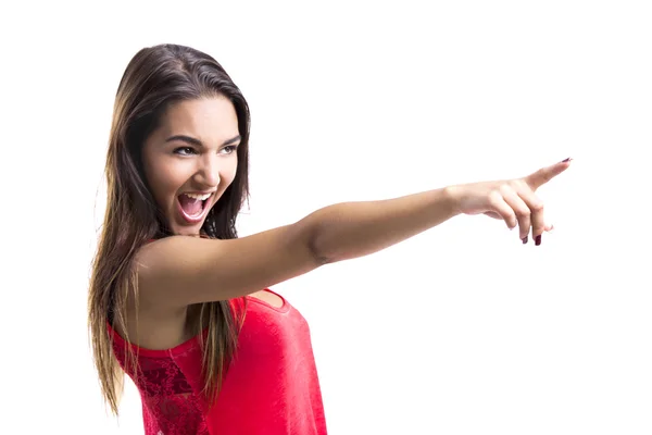 Beautiful woman pointing to something — Stock Photo, Image