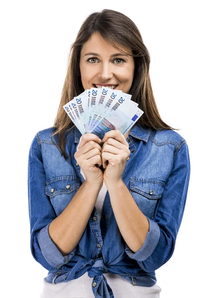 Kadın, euro para birimi notları — Stok fotoğraf
