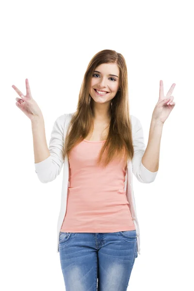 Woman showing two fingers — Stock Photo, Image