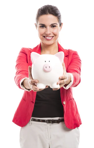 Zakenvrouw met een piggy bank — Stockfoto