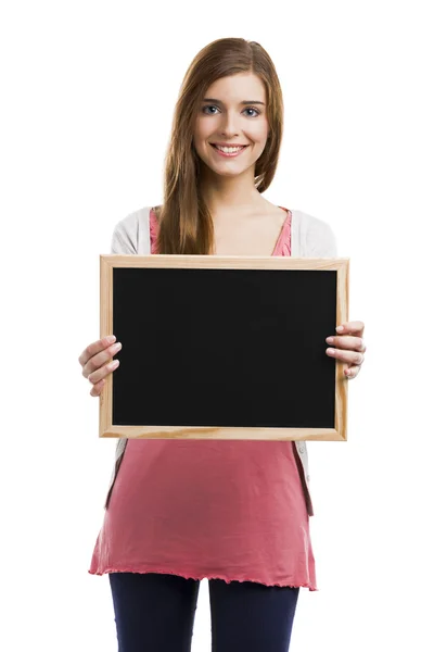 Woman holding a chalkboard — Stock Photo, Image