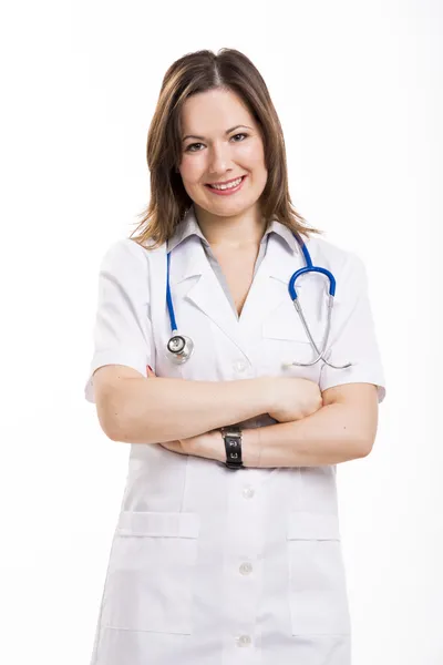 Mooie jonge dokter, geïsoleerd op witte achtergrond — Stockfoto