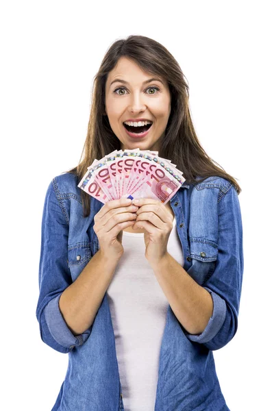 Mujer sosteniendo algo de euro — Foto de Stock