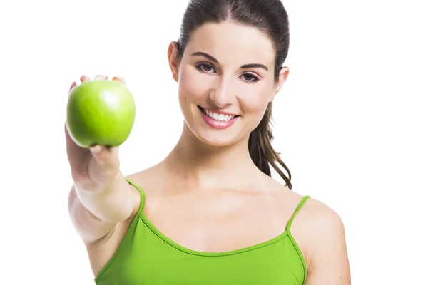 Mujer sana con una manzana verde — Foto de Stock