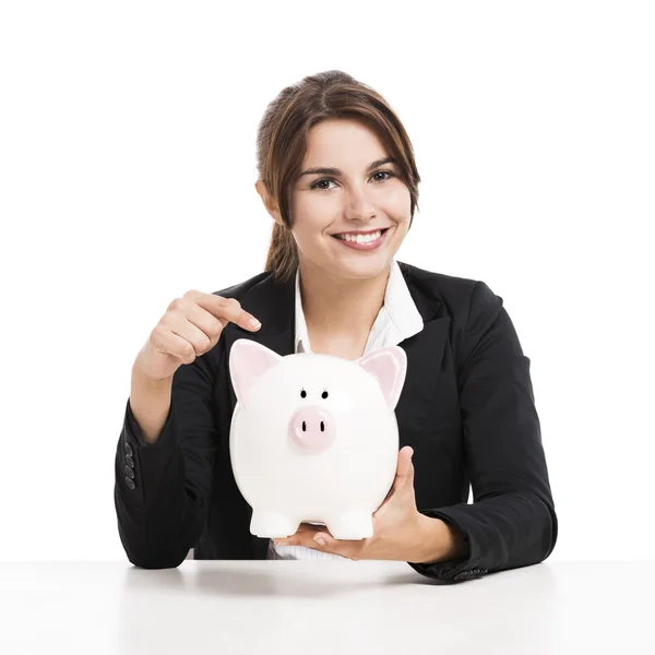 Zakenvrouw met een piggy bank — Stockfoto