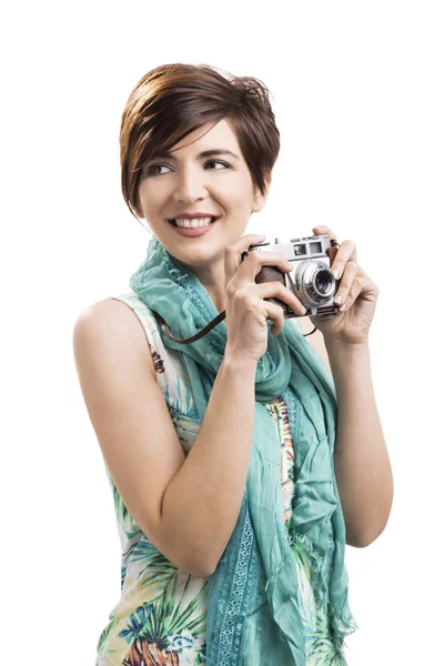 Donna con una fotocamera vintage — Foto Stock