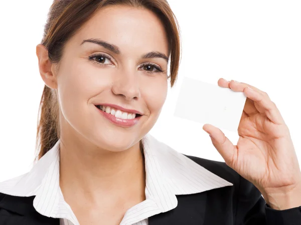 Businesswoman holding  a business card — Stock fotografie