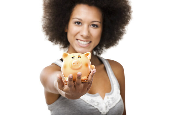 Woman with a piggy bank