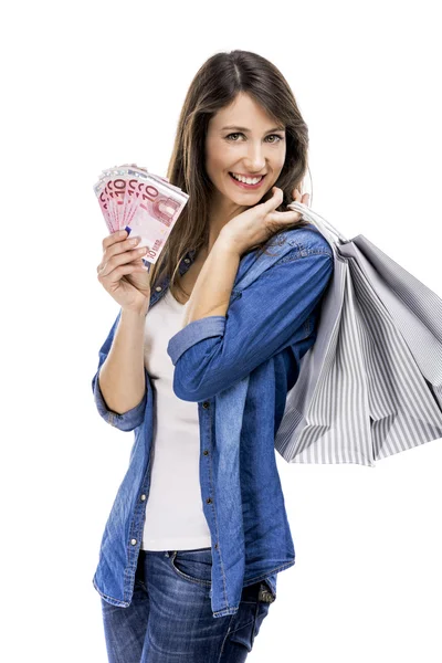Mujer, bolsas de compras y euros —  Fotos de Stock