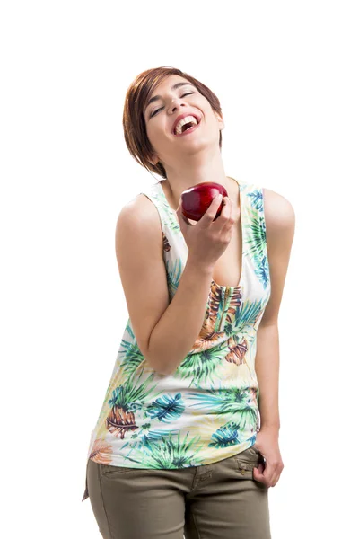 Femme heureuse avec une pomme — Photo