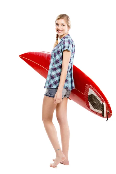 Nő szörfdeszkával — Stock Fotó