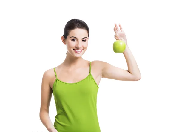 Mulher saudável com uma maçã verde — Fotografia de Stock