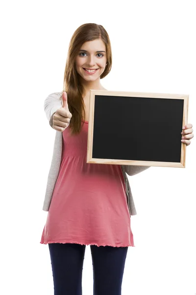 Woman holding chalkboard — Stock Photo, Image