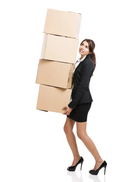 Mujer de negocios con cajas de tarjetas —  Fotos de Stock