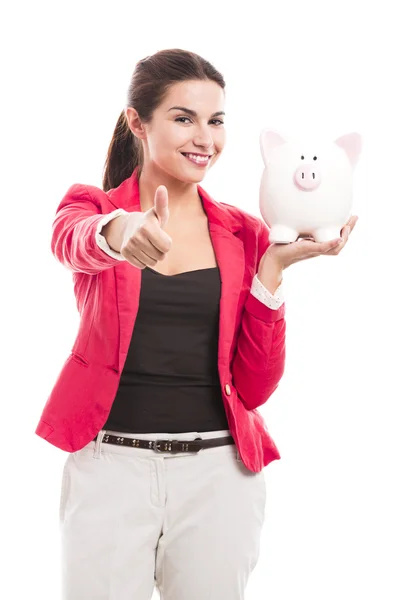 Zakenvrouw met een piggy bank — Stockfoto