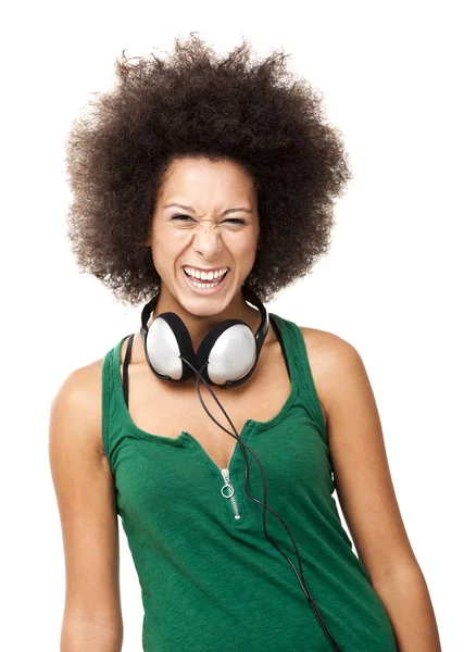 Mulher feliz com fones de ouvido — Fotografia de Stock