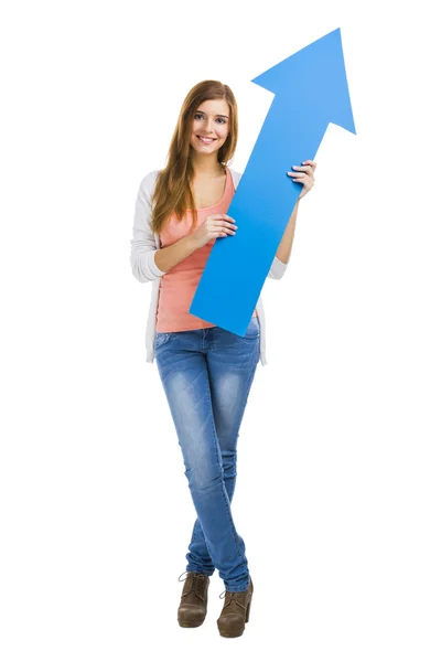 Woman holding a blue arrow — Stock Photo, Image