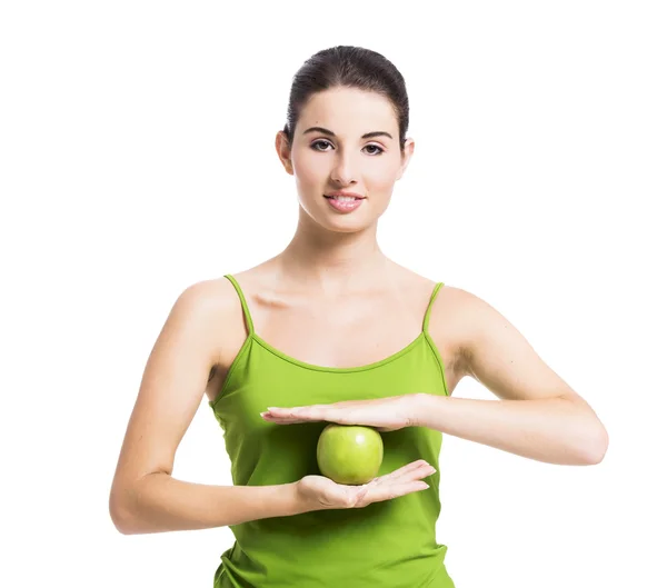 Mujer sana con una manzana verde — Foto de Stock