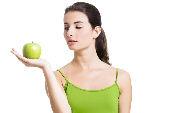 Υγιή γυναίκα με ένα πράσινο μήλο — Φωτογραφία Αρχείου