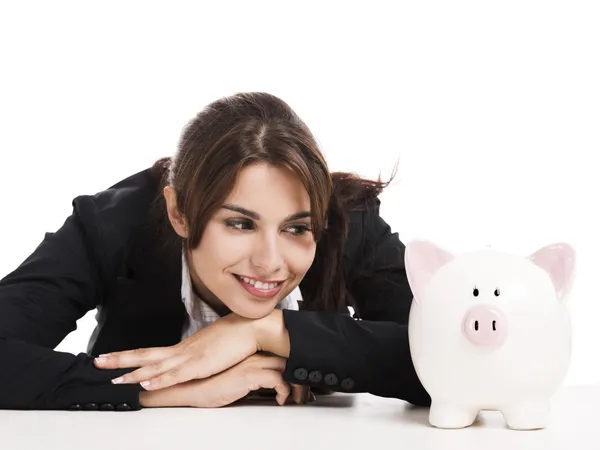 Zakenvrouw met een piggy bank — Stockfoto