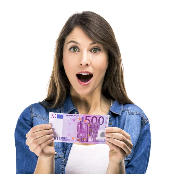 Mujer sosteniendo euro —  Fotos de Stock