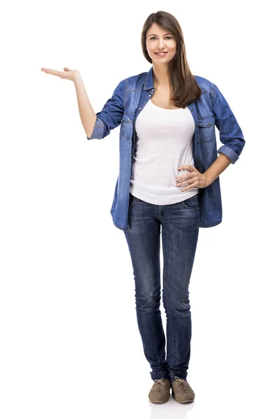 Woman showing something — Stock Photo, Image