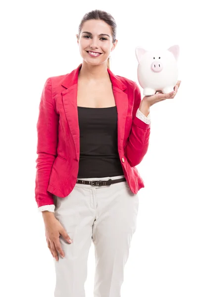 Geschäftsfrau mit Sparschwein — Stockfoto