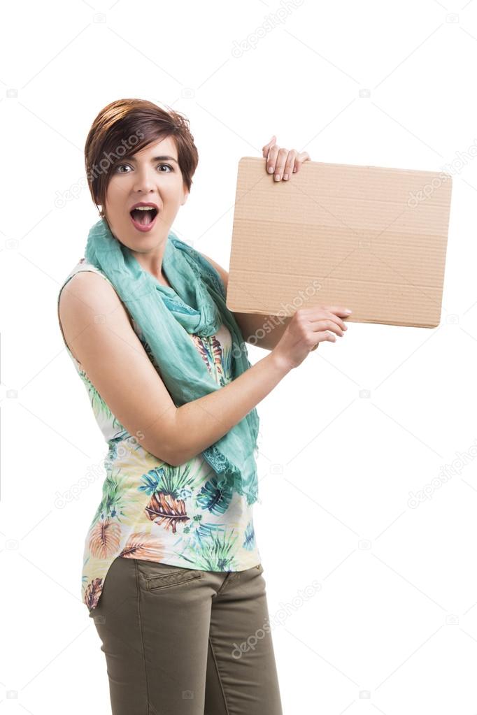 Beautiful woman with a cardboard