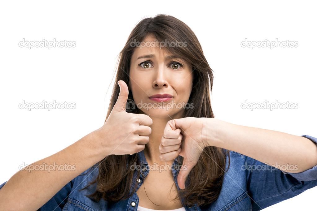 Woman confused, thumbs up and down