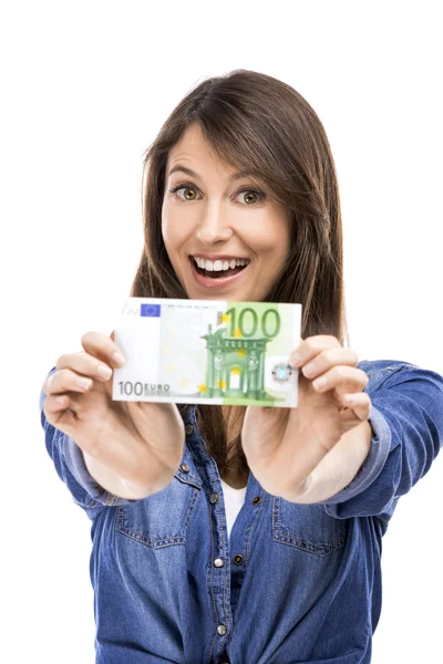 Vrouw, euro-bankbiljetten — Stockfoto