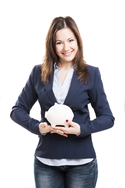 Business woman with a piggy bank — Stock Photo, Image